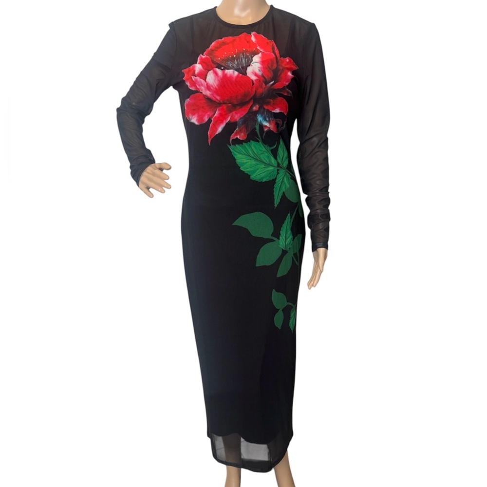 Cameo / JDo Couture New With Tags Long Sleeve Mesh Flower Print Long Black Dress